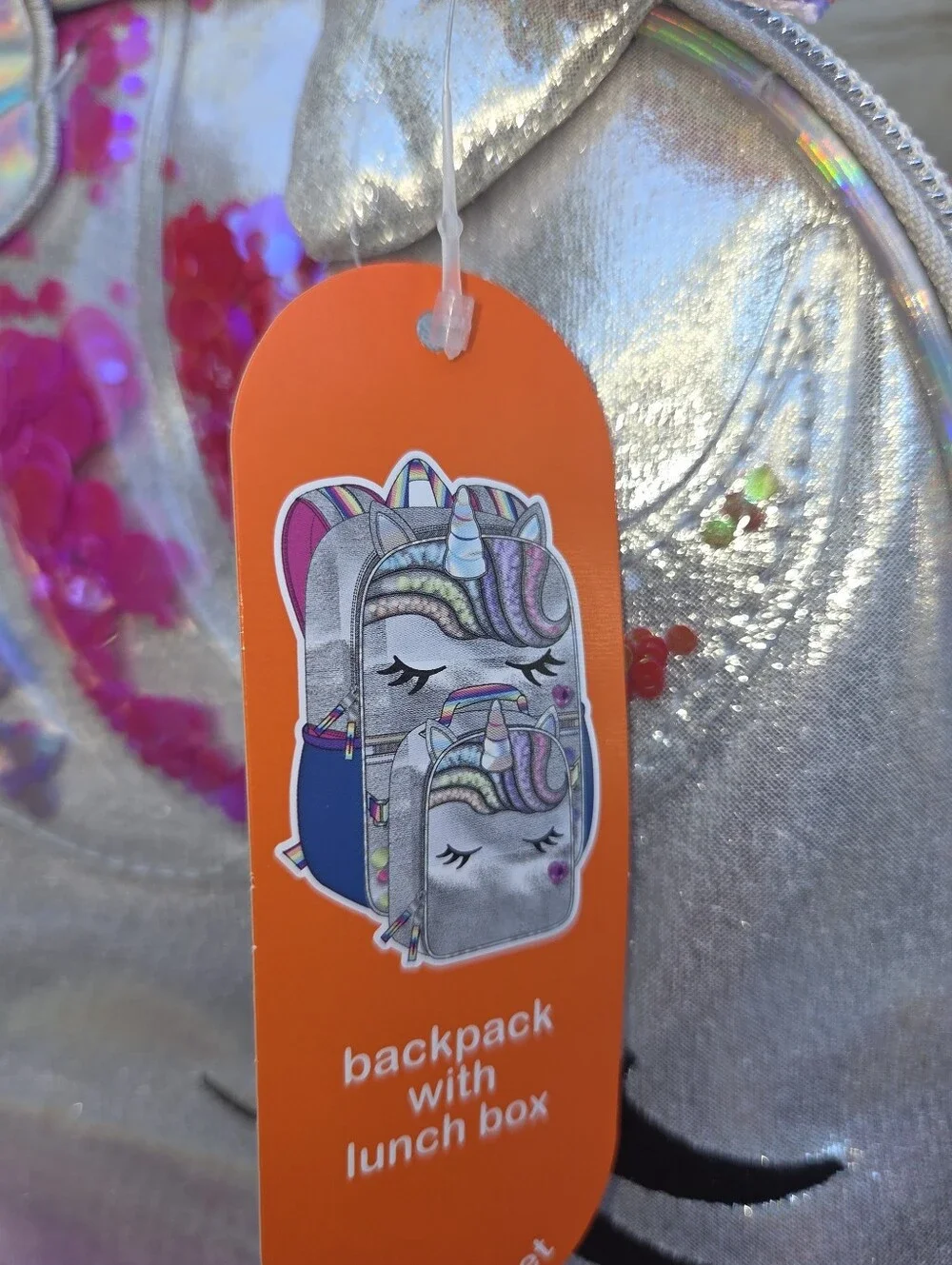 Wonder nation Silver Unicorn Sequin Backpack with Rainbow Accents And Lunch Box